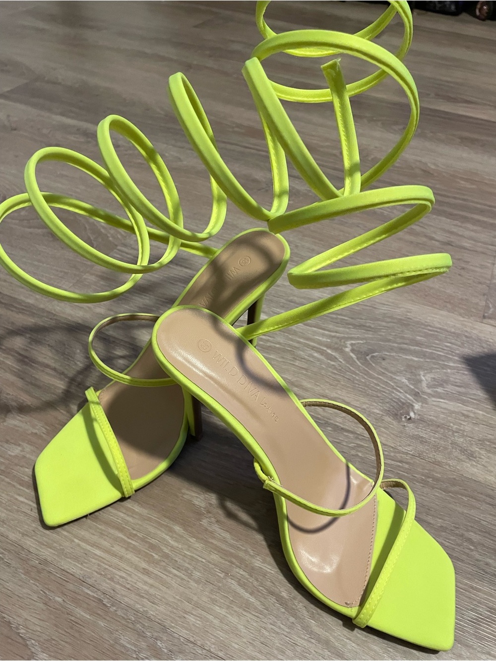 Neon Yellow Strappy Spiral Lace-Up Heels